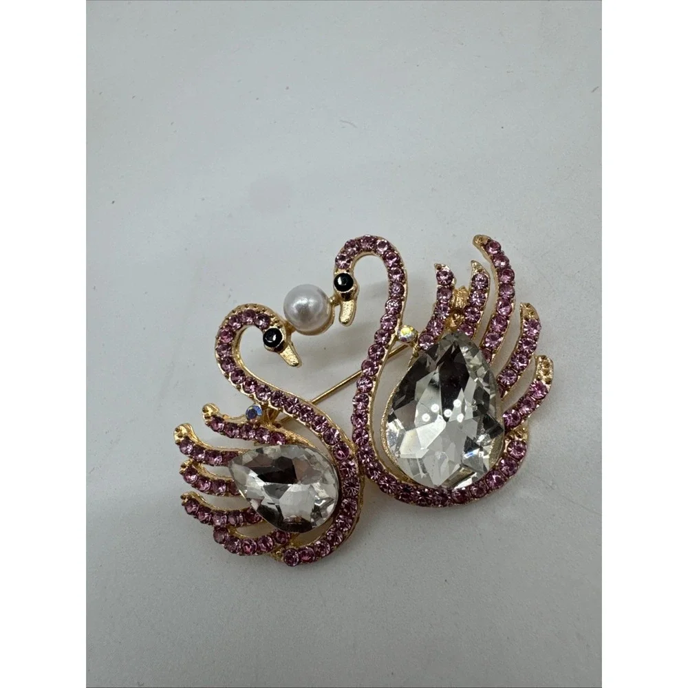Pin Pair Of Swans Pink & Clear Crystal Faux Pearl Black Bead Gold Tone Brooch